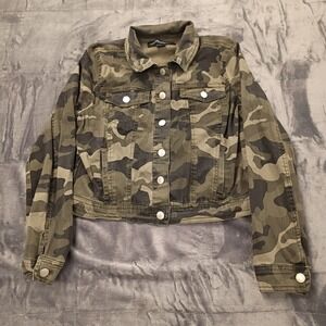 Joujou Crop Trucker Jacket Womens L Green Camouflage Denim Stretch Button Front